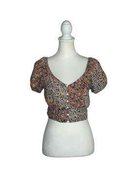 Japna Ditsy Floral Button-Front Puff Sleeve Cropped Top EUC Sz L Boho Milkmaid